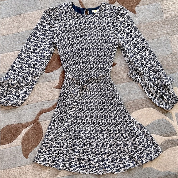 Boden Long Puff Sleeve Plisse’ Belted A-line Mini Dress French Navy Poppy Vine - Picture 2 of 12